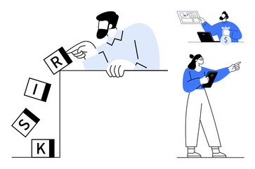 Man topples risk blocks, woman with tablet points forward, person analyzes financial data. Ideal for business, decision-making, strategy, risk management, team collaboration, finance simple landing