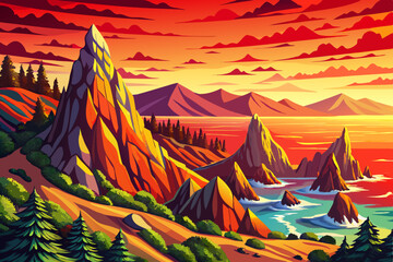 Big Sur coastline at sunset time with rocks and trees cartoon design Flat style illustration vector