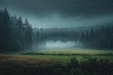 Fototapeta premium Enigmatic Dark Forest Landscape with Misty Prairie and Expansive Field