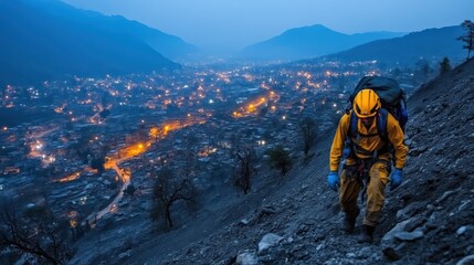 Obraz premium Hiker with Backpack Ascending a Rocky Path at Dusk Overlooking a Glowing Cityscape in the Valle