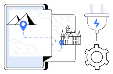 Tablet with a digital map, location pins, and route connecting mountains to a castle. Plug and gear emphasize technology. Ideal for travel, navigation, innovation, tech solutions, energy user