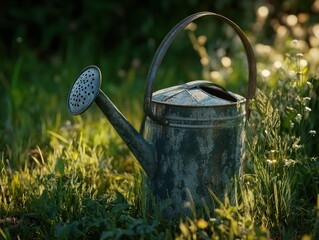 Vintage watering can in tall grass with warm summer light, rustic and full-resolution image.