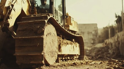 Fototapeta premium Heavy machinery operator using a bulldozer to clear a site. Featuring control and strength