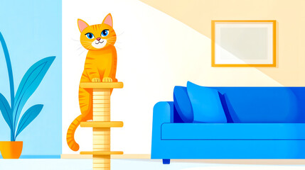 Obraz premium Playful ginger tabby cat relaxing on scratching post in modern living room