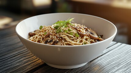 Bowl of mushroom ramen with sesame seeds and green