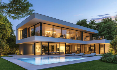 A modern, two-story house with large glass windows, illuminated at dusk, featuring a swimming pool, patio, and surrounding greenery.