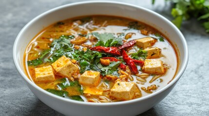 Asian Ramen Soup with Chili Flakes and Tofu Cubes