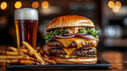 A double smash burger, stacked high with cheese, lettuce, onion, and dressing, accompanied by crispy fries and a cold beer, perfect for an enticing food photography shot