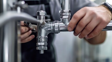 Plumber repairing a leaking pipe in a commercial kitchen. Featuring expertise and precision