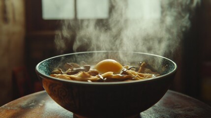 Hot Steaming Ramen Bowl with Mushrooms and Egg
