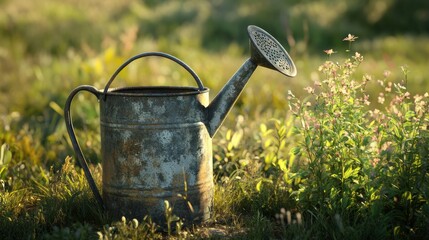 Vintage watering can in tall grass with warm summer light, rustic and full-resolution image.