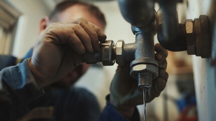 Plumber repairing a water valve in a basement. Featuring expertise and precision