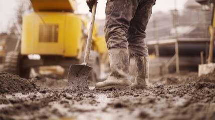 Construction worker mixing cement with a shovel. Featuring physical labor and effort