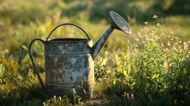 Vintage watering can in tall grass with warm summer light, rustic and full-resolution image.