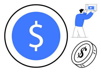 Dollar coin in focus, marketer holds a video card symbolizing video monetization, digital marketing, and investment. Ideal for finance, video content, advertising, ecommerce, promotion campaigns