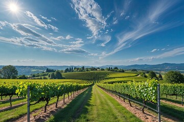 Fototapeta premium Vibrant Vineyard Landscape in Sunny Blue Sky Perfect for Wine Lovers