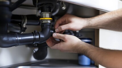 Fototapeta premium Plumber sealing pipes under a sink with precision. Featuring focus and technique