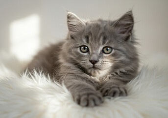 Fototapeta premium Fluffy gray kitten with long hair lying on soft white rug. Adorable pet portrait with bright lighting and cozy atmosphere. Cute domestic cat in a peaceful and serene environment.