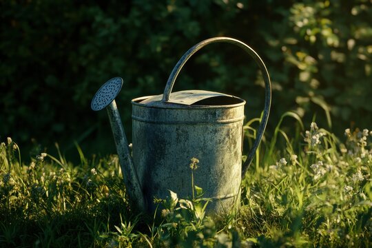 Vintage watering can in tall grass with warm summer light, rustic and full-resolution image.
