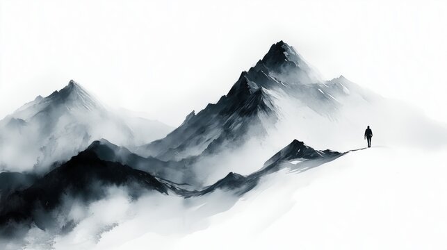 Fototapeta Person walking along a ridge surrounded by misty mountain peaks