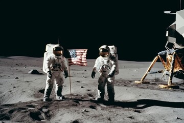 The moon landing in 1969, astronauts planting a flag on the lunar surface