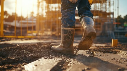 Laborer mixing concrete at a construction site. Featuring teamwork and strength