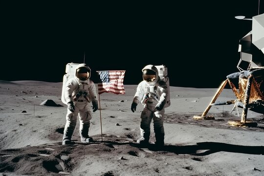The moon landing in 1969, astronauts planting a flag on the lunar surface 