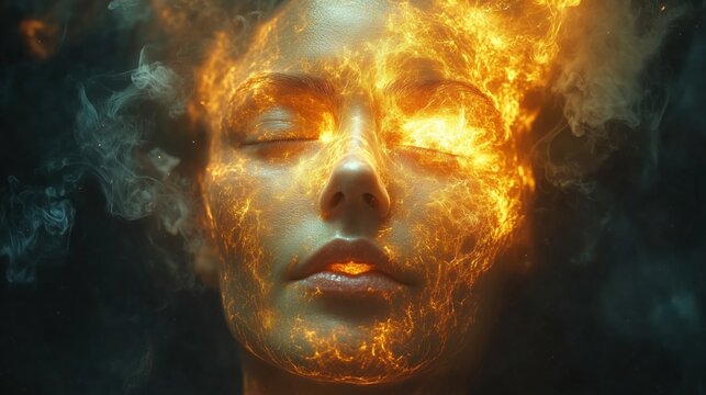 Woman&rsquo;s face surrounded by fiery flames and smoke in surreal art style