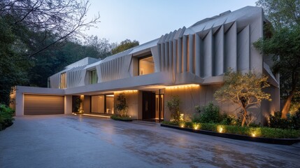 Obraz premium Modern home with louvered facade and sculpted landscaping 