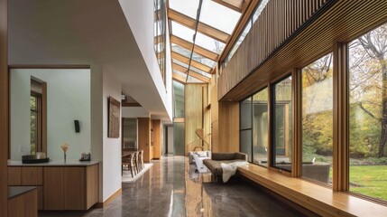 Modern home with triple-height atrium and skylight 