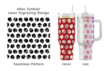 Funny skulls tileable pattern. Seamless laser engraving design for 40oz tumbler. Full tumbler wrap. Vector illustration.