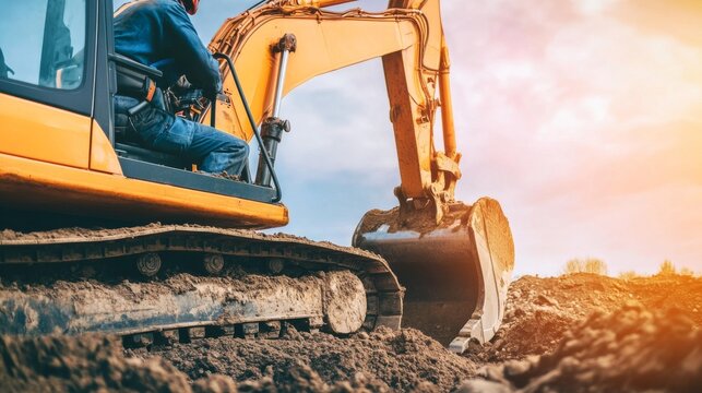 Excavator operator controlling a hydraulic arm on rough terrain. Featuring precision and control