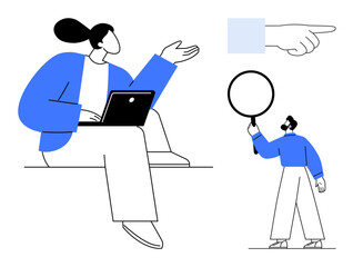 Person working on laptop, another holding magnifying glass, with pointing hand. Ideal for teamwork, collaboration, problem-solving, research, productivity, communication simple landing page