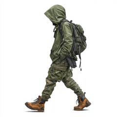 Traveler wearing a hooded jacket isolated on white background