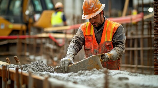 Laborer mixing cement at a construction site. Featuring coordination and effort