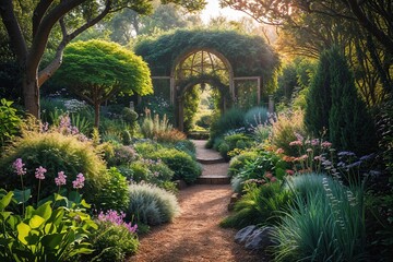Fototapeta premium Magical Garden Landscape with Lush Flora and Scenic Woodland Trail in Bright Sunlight