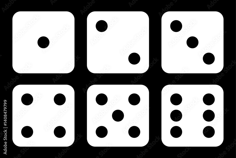Poster set of six sides of a die icon in white color with black dots. die icon set with all six faces in wh