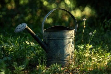 Vintage watering can in tall grass with warm summer light, rustic and full-resolution image.