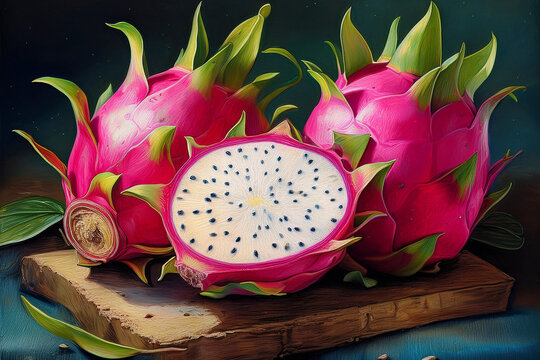 A decorative vintage-style illustration featuring pitayas, blending classic artistic elements with the vibrant allure of tropical fruit.
