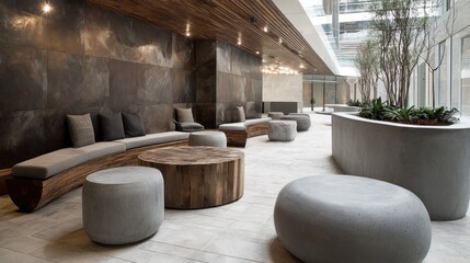 Modern lounge with organic textures and concrete seating