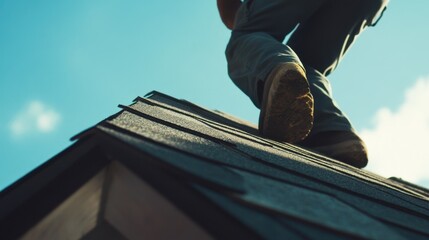 Roofing worker applying shingles to a steep roof. Featuring focus and safety