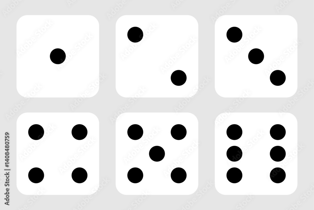 Poster set of six sides of a die icon in white color with black dots. die icon set with all six faces in wh