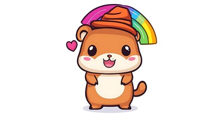 Obraz premium design cute animal sticker wear suite with line color style more action in white background isolated on white,clip art ,remain space between border each corner and rainbow and toy and hat and heart 