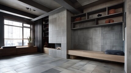 Modern neutral loft with large-format tiles and hidden storage  