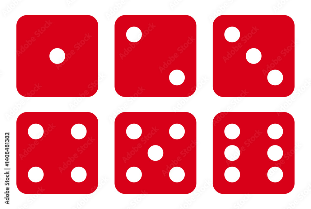 Poster set of six sides of a die icon in red color with white dots. die icon set with all six faces in red 
