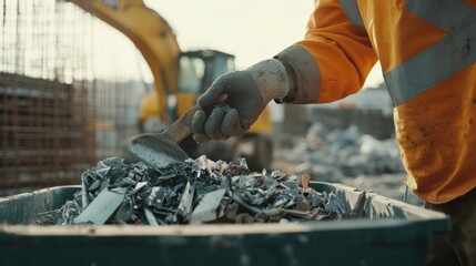 Obraz premium Laborer sorting materials at a construction site. Featuring organization and precision