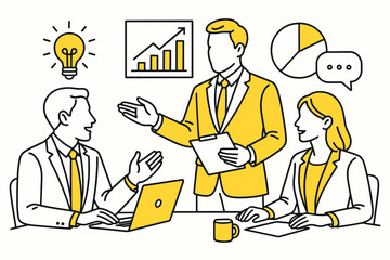 Business meeting. Modern flat line art illustration. Trendy outline vector graphic elements. Creative concept. Black and yellow colors isolated on white background