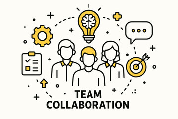 Team collaboration. Modern flat line art illustration. Trendy outline vector graphic elements. Creative concept. Black and yellow colors isolated on white background