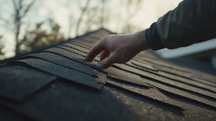 Roofing worker laying asphalt shingles on a house roof. Featuring focus and skill