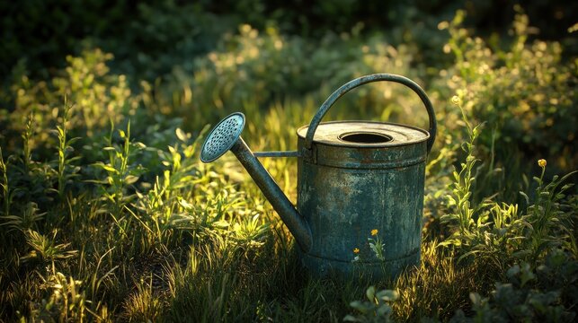 Vintage watering can in tall grass with warm summer light, rustic and full-resolution image.